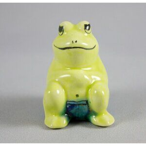 Vintage 1980's Miniature Green Ceramic Frog Figurine with Blue Print Shorts